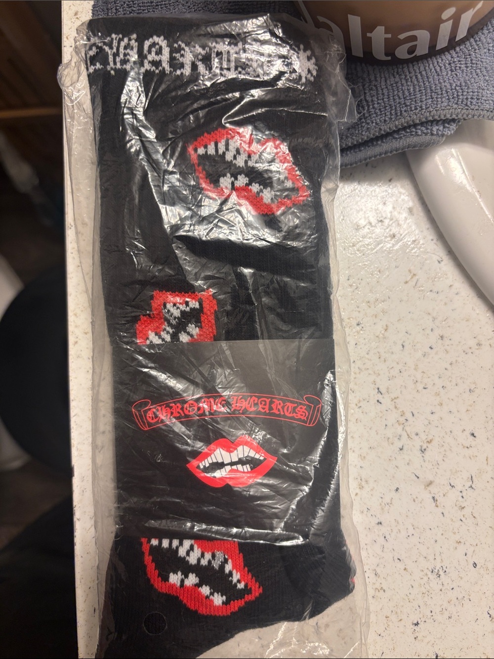 Chrome Hearts Black Crew Socks with Red and White Lip Motif